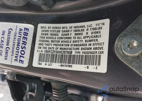 2017 Honda Civic Lx from USA, damaged, VIN 19XFC2F5XHE207658